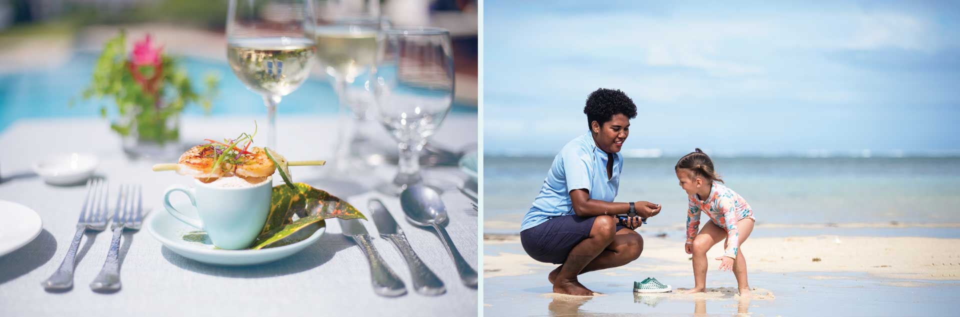 2-All-Inclusive-Vacation-Packages-Fiji Images of beachside dining and nanny service that is part of the all-inclusive Fiji vacation packages at Jean-Michel Cousteau Resort Fiji