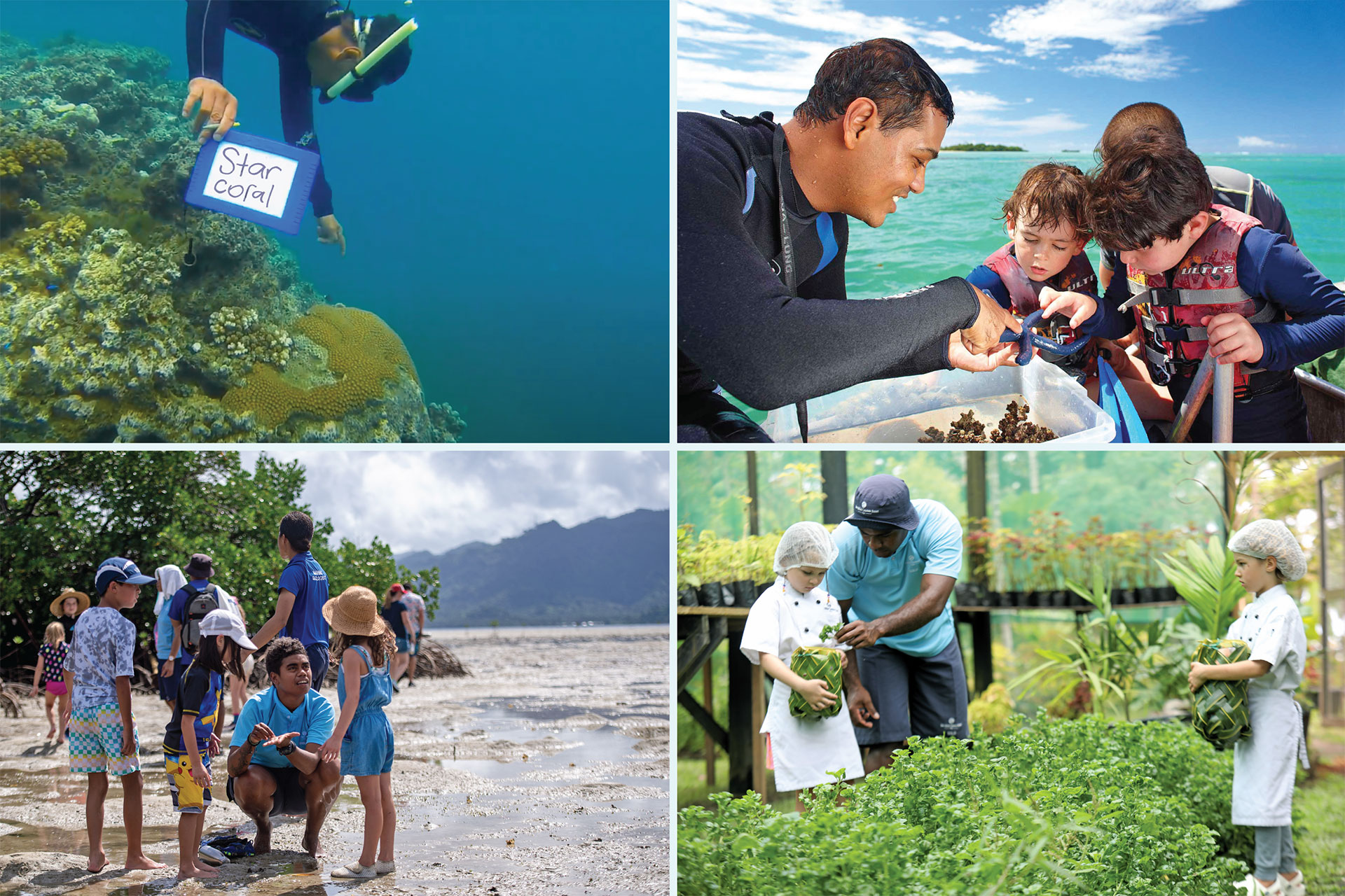 All-inclusive-family-resort-3-Fiji-Kids-Eco-Programmes Image shows a collage of activities as part of Kids Eco-Programmes at Jean-Michel Cousteau Resort Fiji, an all-inclusive family resort in Fiji.