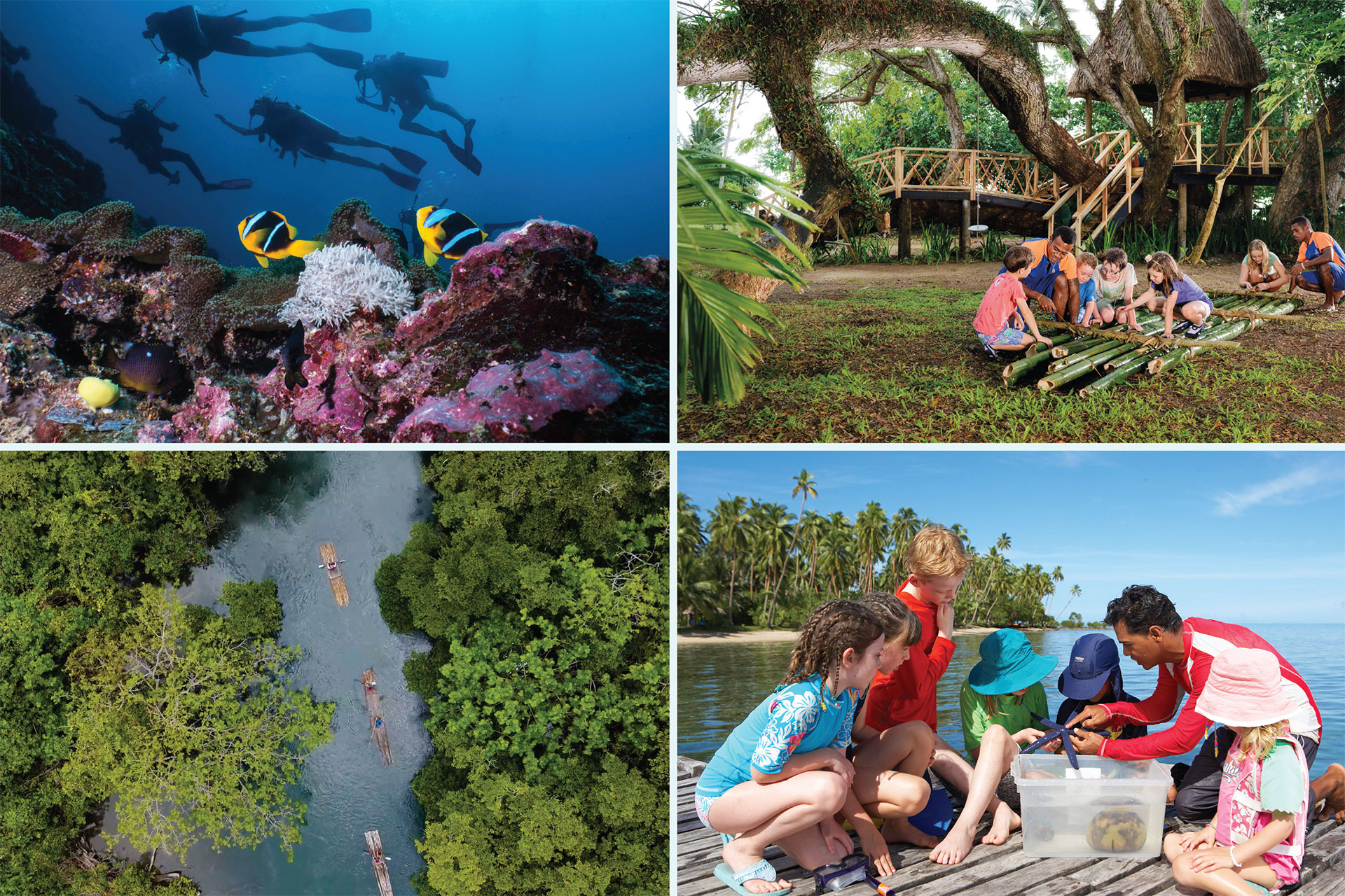 Families-2-luxury-family-vacation-in-fiji A collage of images of families and children on vacation in Fiji at Jean-Michel Cousteau Resort, Fiji immersed in award-winning eco-programmes, marine wonders, bespoke adventures like rowing on traditional Fijian rafts, and cutural arts & crafts.