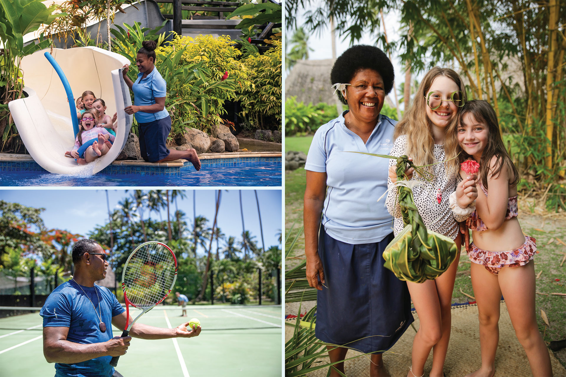 Kids-Club-3-Fiji-Vacation-with-Kids-Nanny-Service A collage of 3 images from the Kids Bula Club. Each child 5 and under is assigned a dedicated 'nanny' for the duration of their stay. Children 6 to 12 are in groups of five led by a 'buddy'. Teenagers aged 13 and above can enjoy exciting programs led by our experienced 'buddies.'